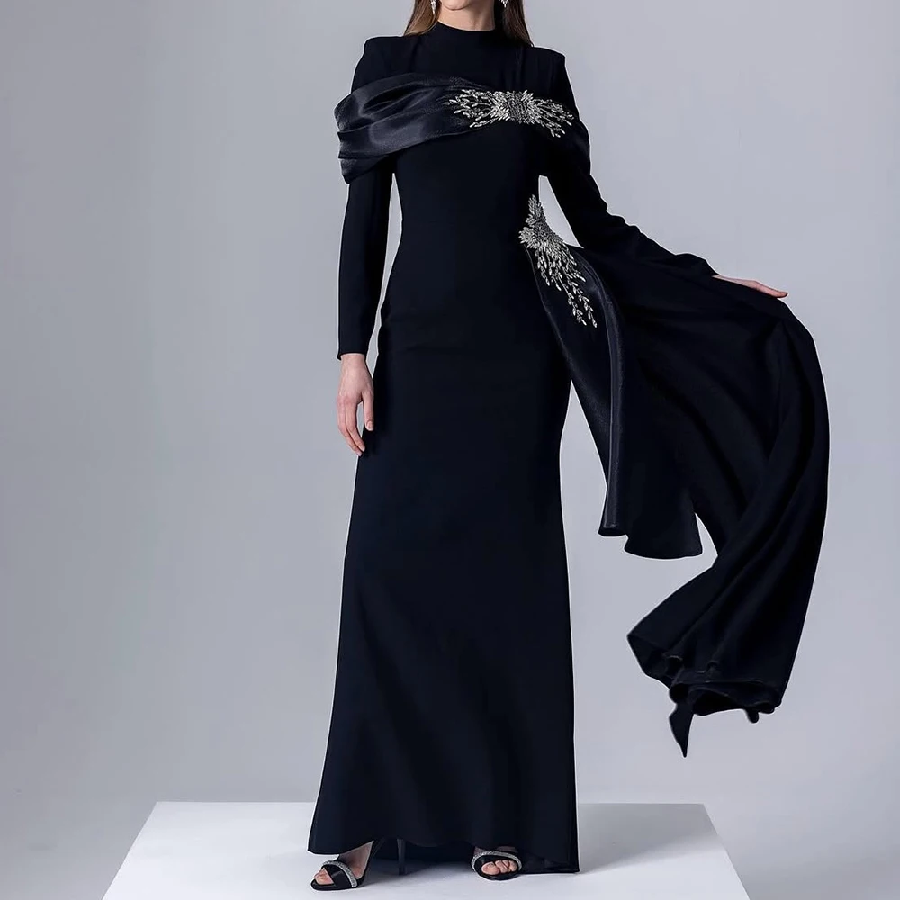 

Customized A-line Evening Dresses Floor-length High-neck Full Sleeve Prom Gown Fashion Crystal Draped Exquisite Party Gown