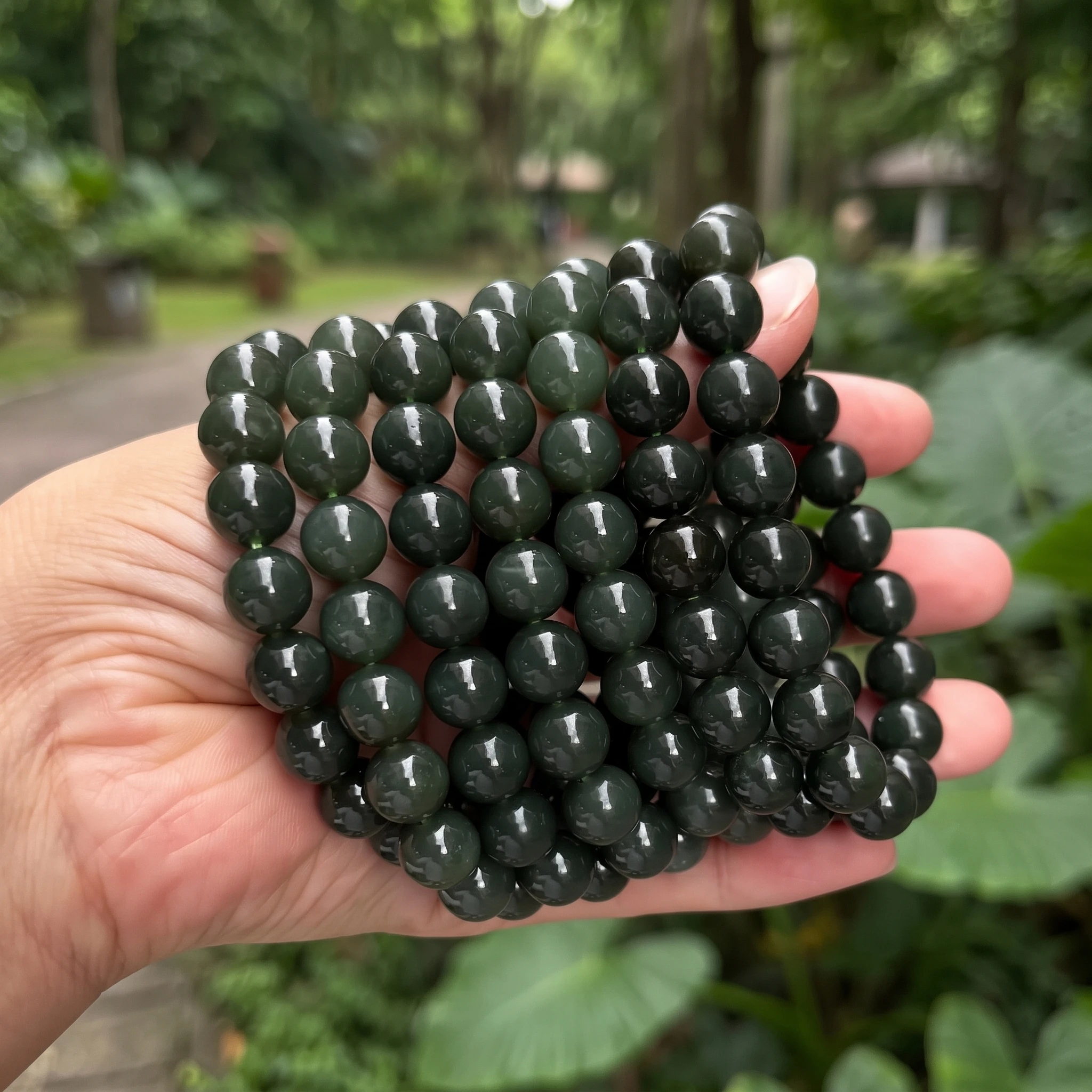 1 Pc Natural Dark Green Hetian Jade Bracelet Genuine Black Green Nephrite Beaded Stretch Jewelry Women Men Luxury Bracelets Gift