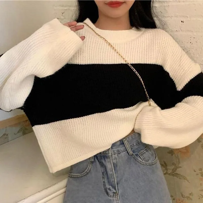 2022 Fashion Color Matching Horizontal Bar Sweaters Women New Autumn Winter Long Sleeve Loose High Waist Korean Knitting Top