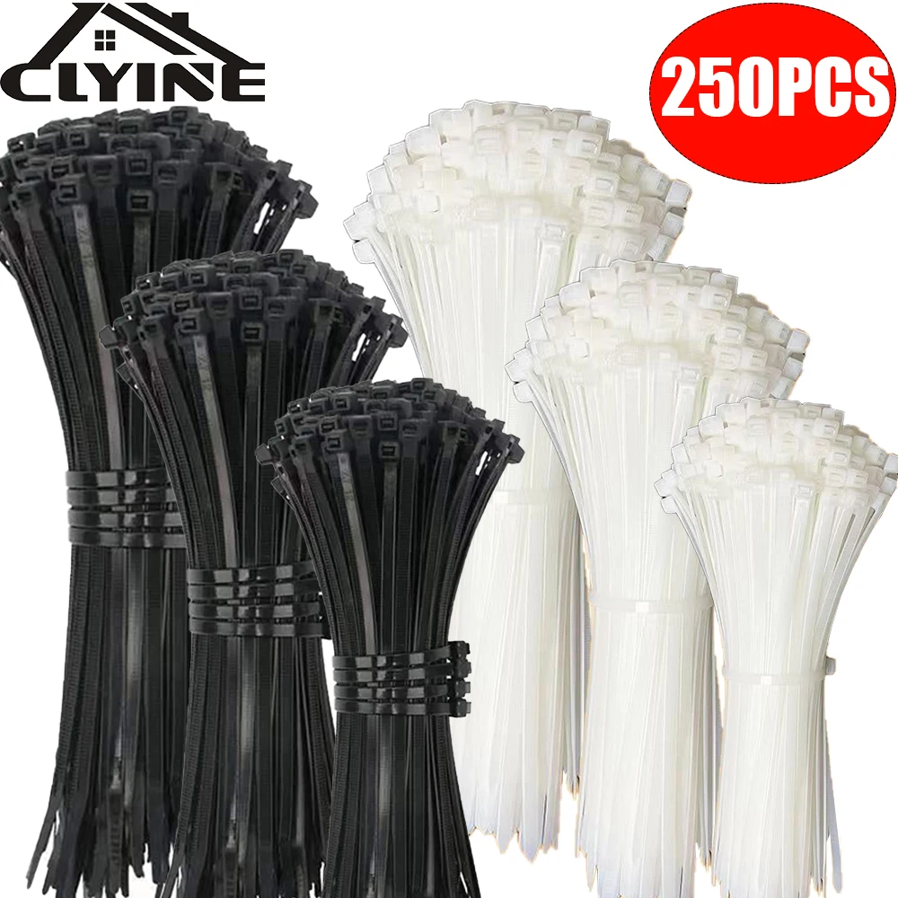 250PCS Cable Ties Self-locking Rings Black White Reusable Nylon Cable Zipper Ties Cables Straps Fastening Loop Removable Ties