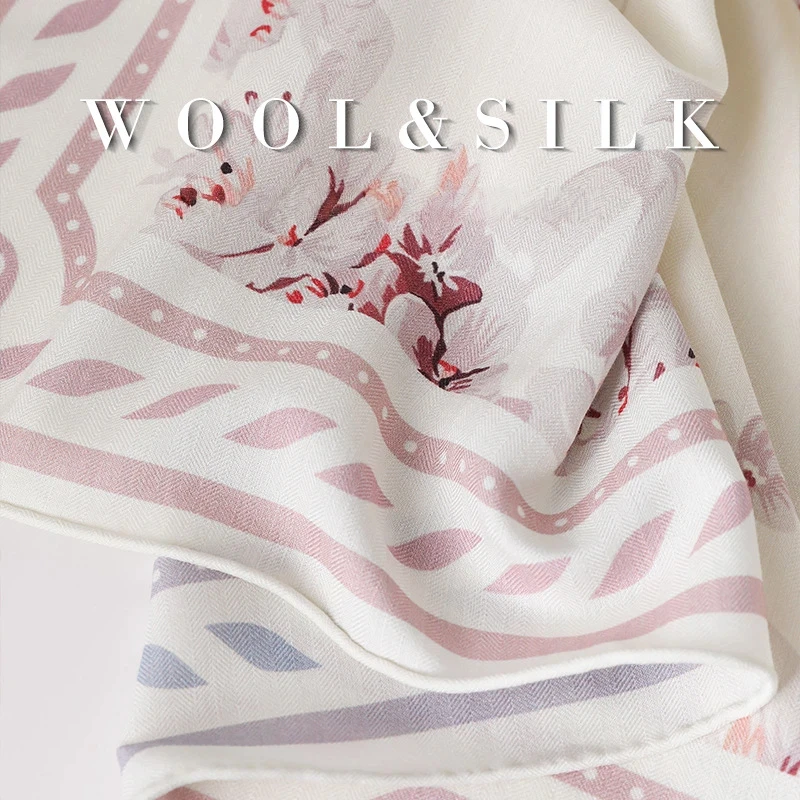 2026 Womens Vintage Floral 70% Wool 30% Silk Square Scarf Black‑White Flower Print Soft Neck Head Bandana for Women
