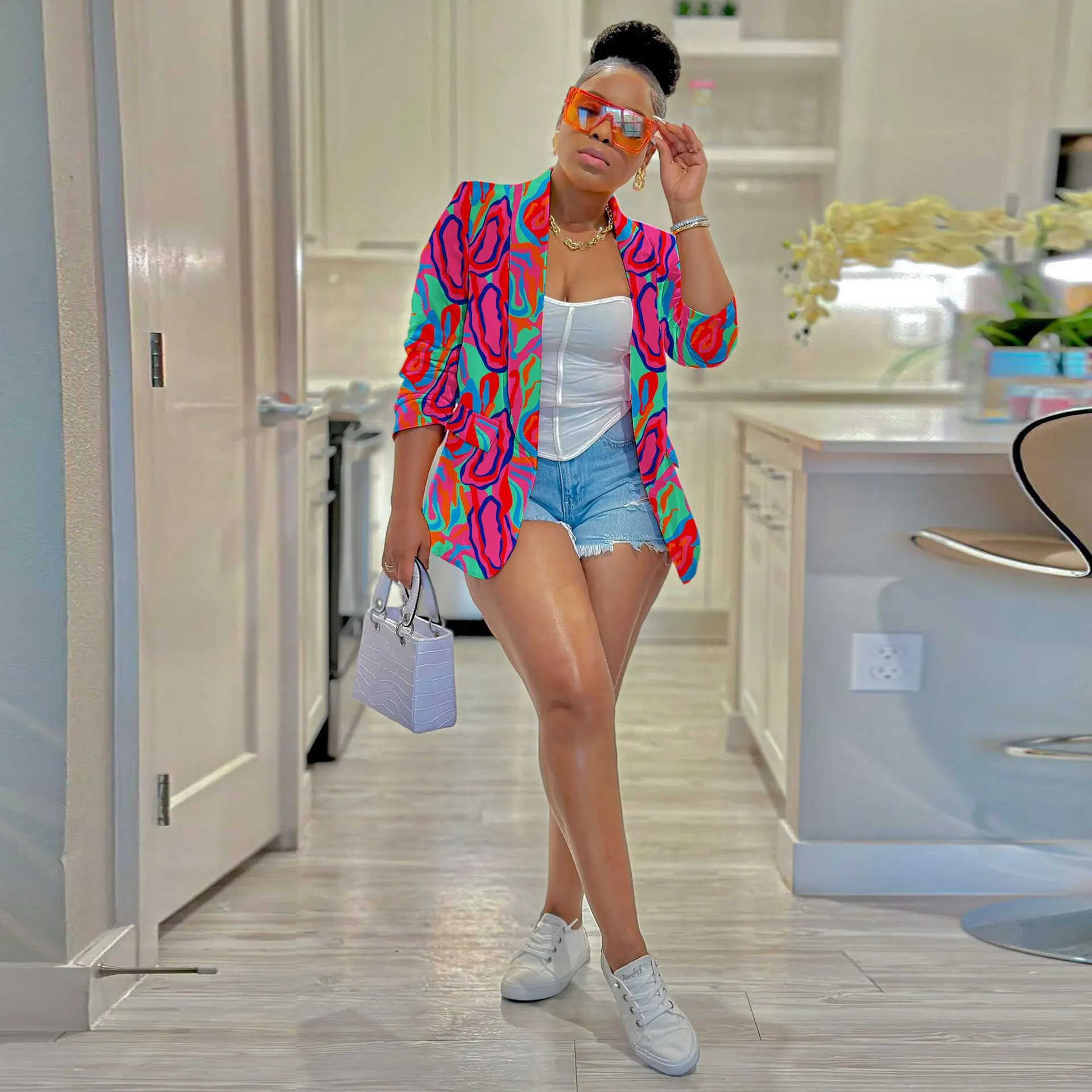 

Blazer Women Printed Coat Suit Jacket Pockets Turn Down Collar Full Sleeve Open Stitch Blazers 2025 Office Lady Outerwear