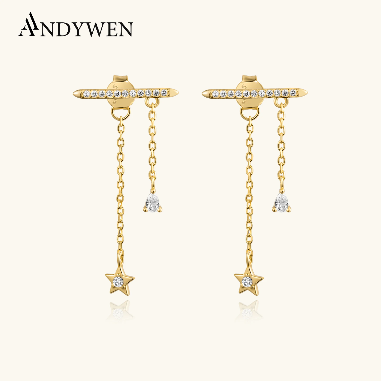 

ANDYWEN 100% 925 Sterling Silver Gold FANTASY Chain Stud Earring Crystal Zircon CZ Pendiente Wedding 2025 Crystal Fine Jewelry