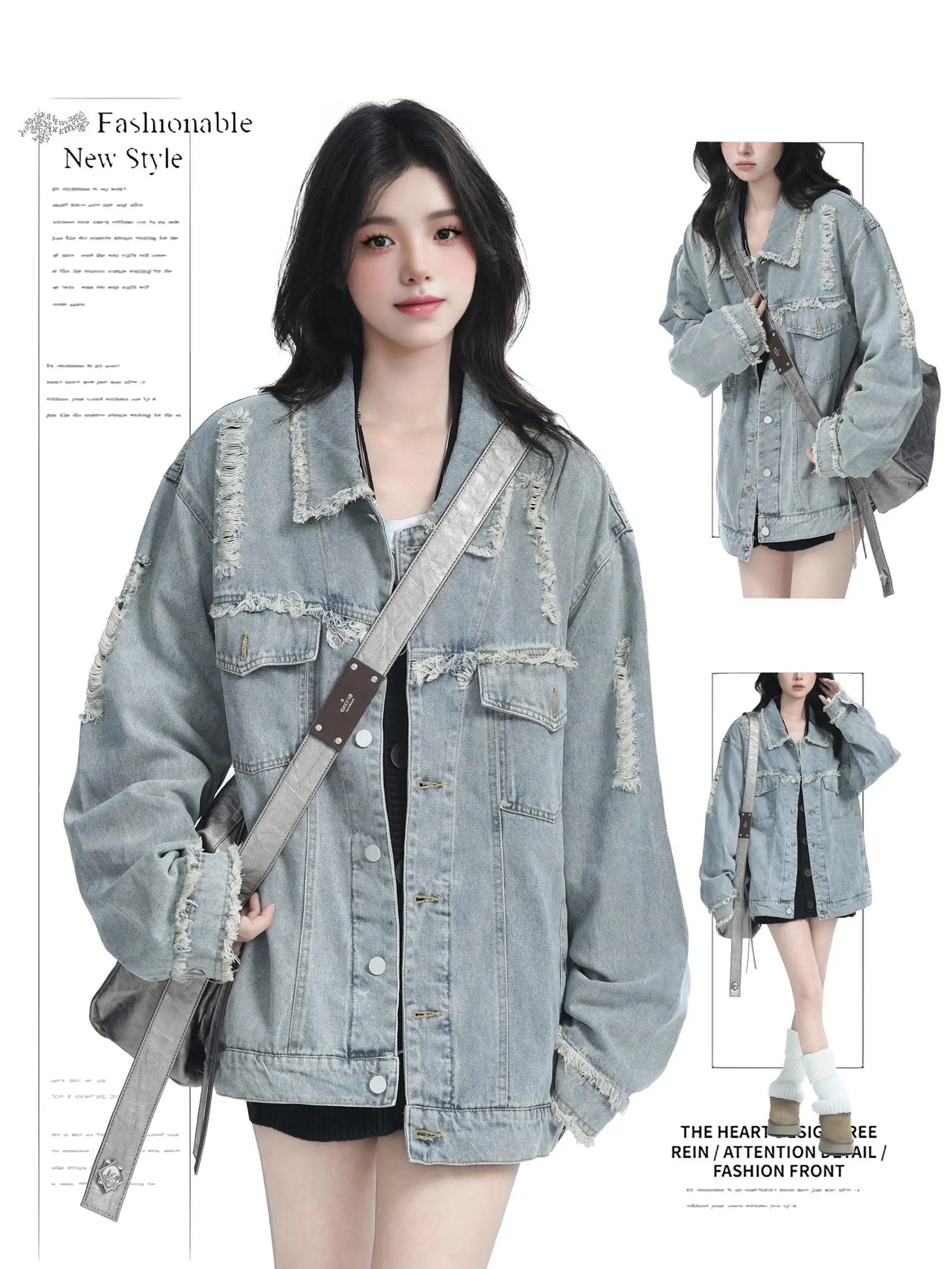 

Women Blue Gothic Star Denim Jacket Long Sleeve Jean Jacket Harajuku Korean Vintage 2000s Oversize Outerwear Top 2000s Clothes