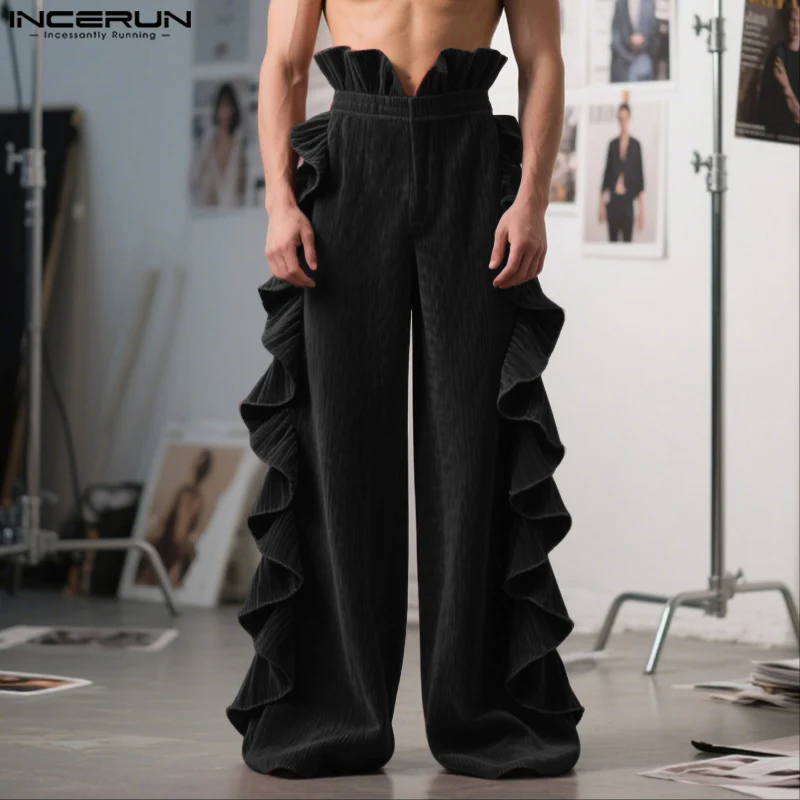 

INCERUN Men Pants Solid Color High Waist Joggers Ruffle Loose Wide Leg Trousers Men Streetwear 2025 Fashion Casual Long Pants