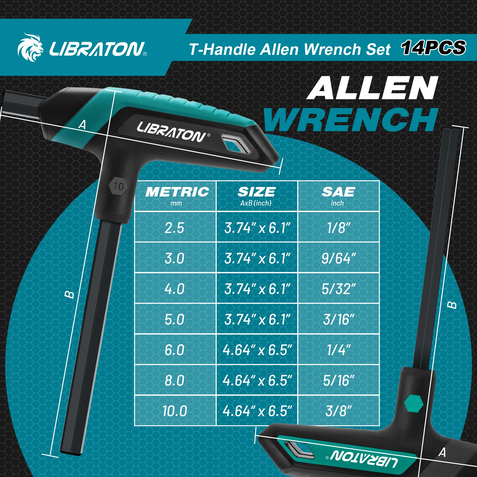 LIBRATON 14PCS Metric & SAE T Handle Hex Key, Bike Repair Tool,T-handle Allen Wrench Set , with Storage Rack,Two-Tip Design