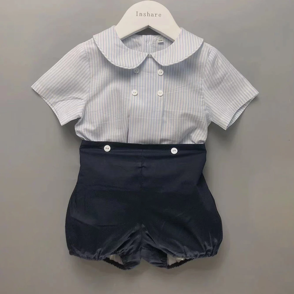 2Pcs Children Boutique Clothing Set Summer Toddler Boy Short Sleeves Cotton Blue Striped British Style Handsome Prince Ins Hot