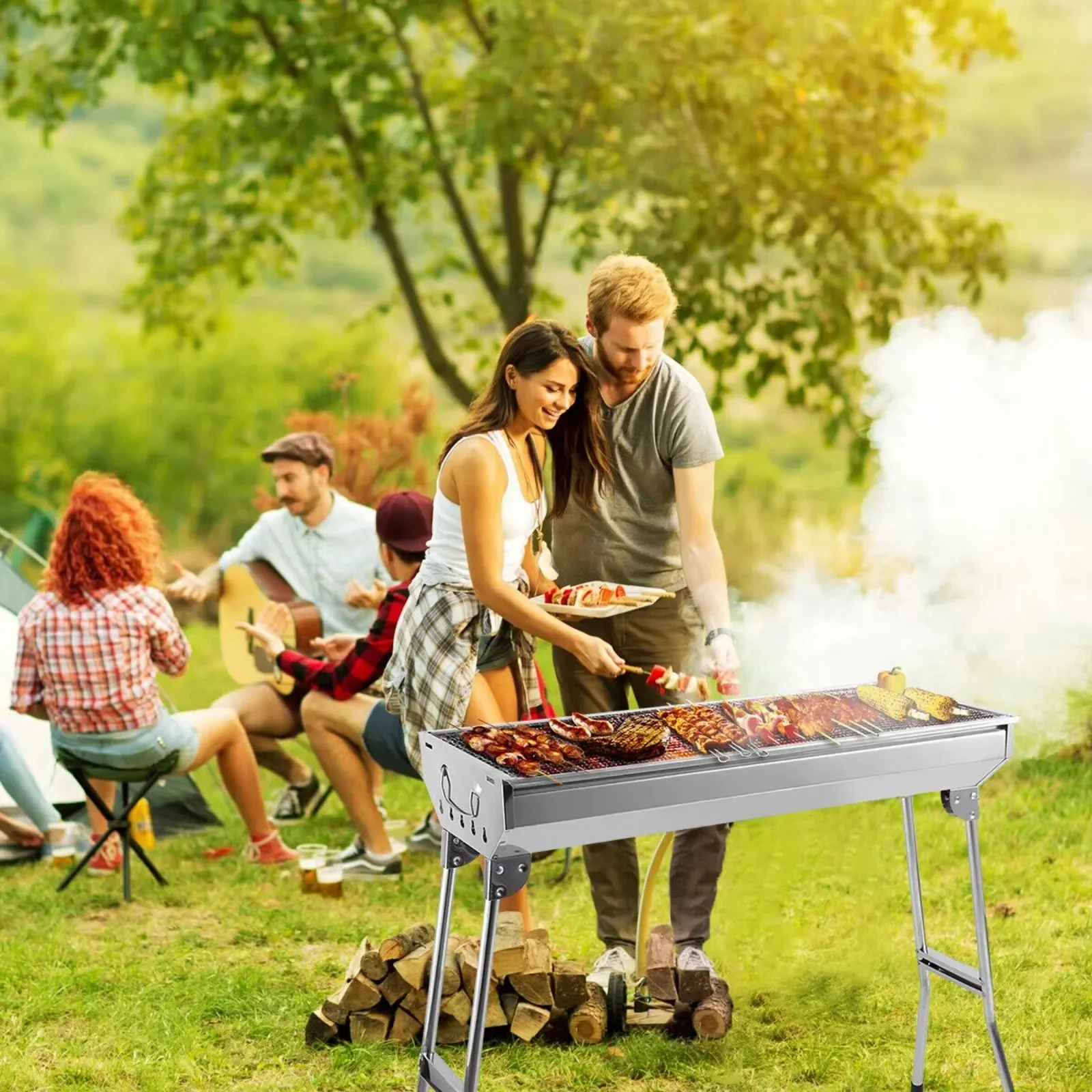 US BBQ Charcoal Barbecue Grill Stainless Steel Folding Camping Yard Portable