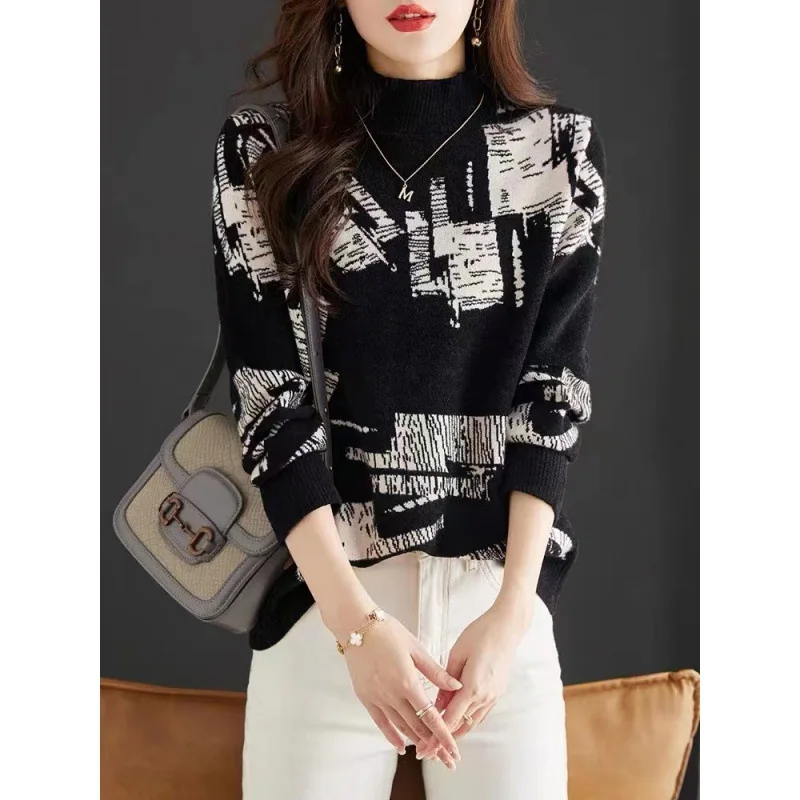 Autumn Winter Women's Pullover Round Neck Flocking GeometricScrew Thread Long Sleeve Sweater Knitted Casual Undershirt Tops