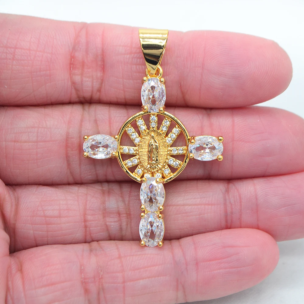 High Quality Clear Cubic Zirconia Women Round Shape Catholic Saint Virgin Mary Blessing Gold Color Cross Pendant Jewelry