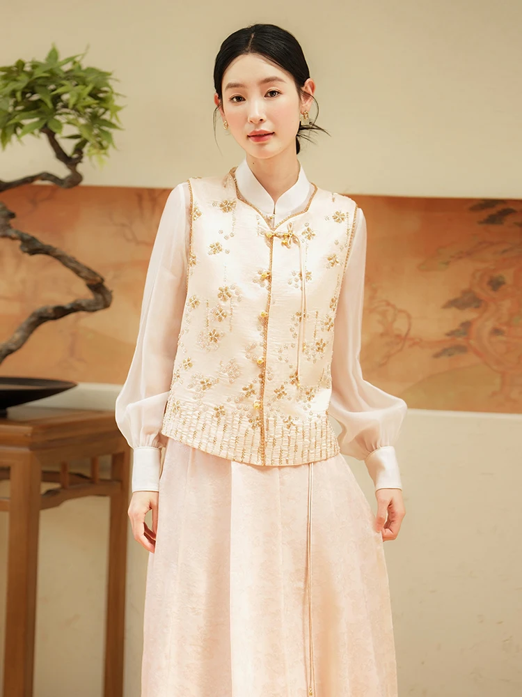 

ibai New Chinese Sle Summer Original 3D Beautiful Beaded Embroidery Svel Buttoned Vest Women's Faion Top