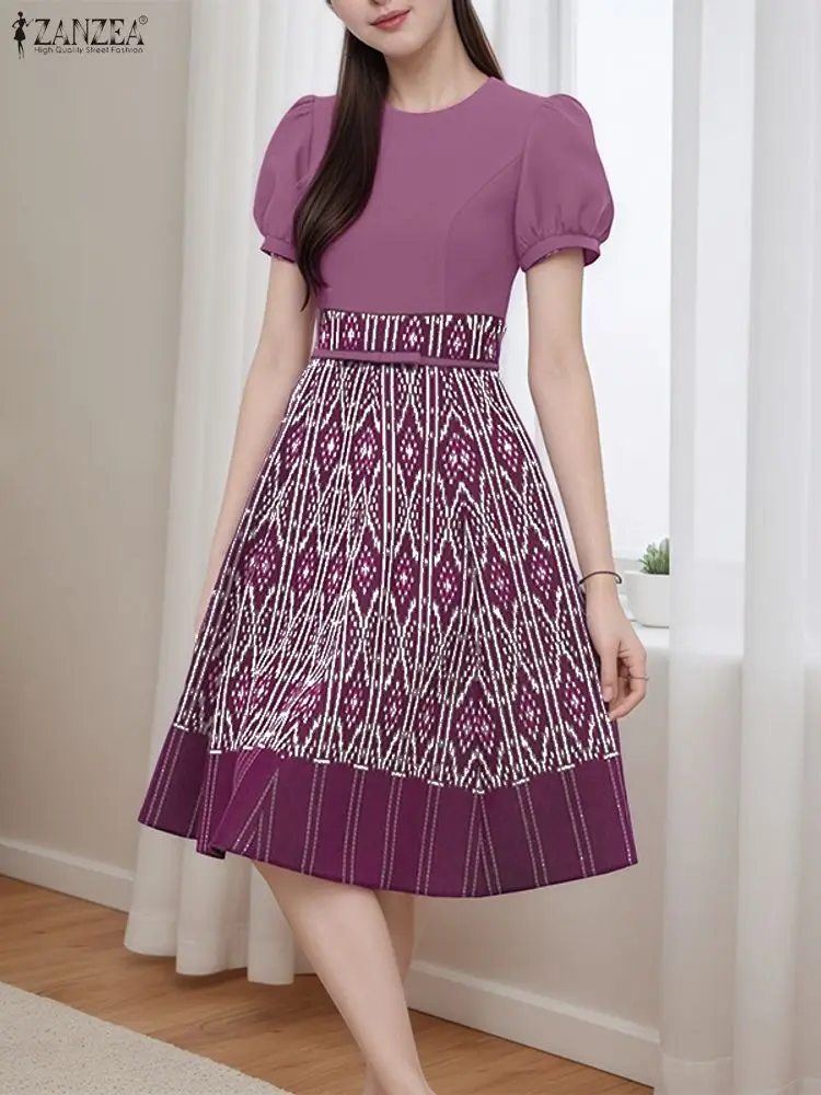 Sukienki damskie w stylu vintage ZANZEA z nadrukiem na rok 2025, eleganckie sukienki na imprezę, letnie sukienki z krótkim rękawem, długa koszula, szata, bufiaste rękawy, sukienka w kształcie litery A, sukienka letnia.