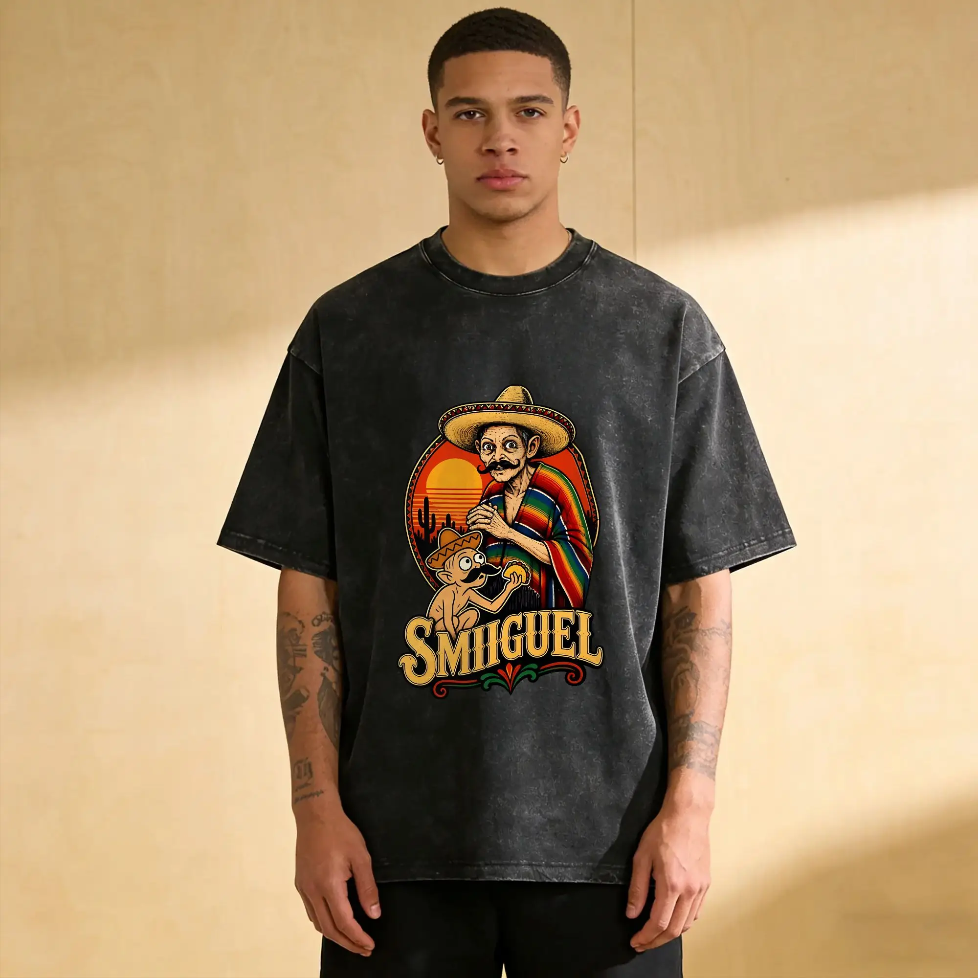 Funny Smiguel Mexican Sombrero Mexican Culture Mashup T-Shirt for Men O Neck Pure Cotton Washed Graphic Printed Clothing