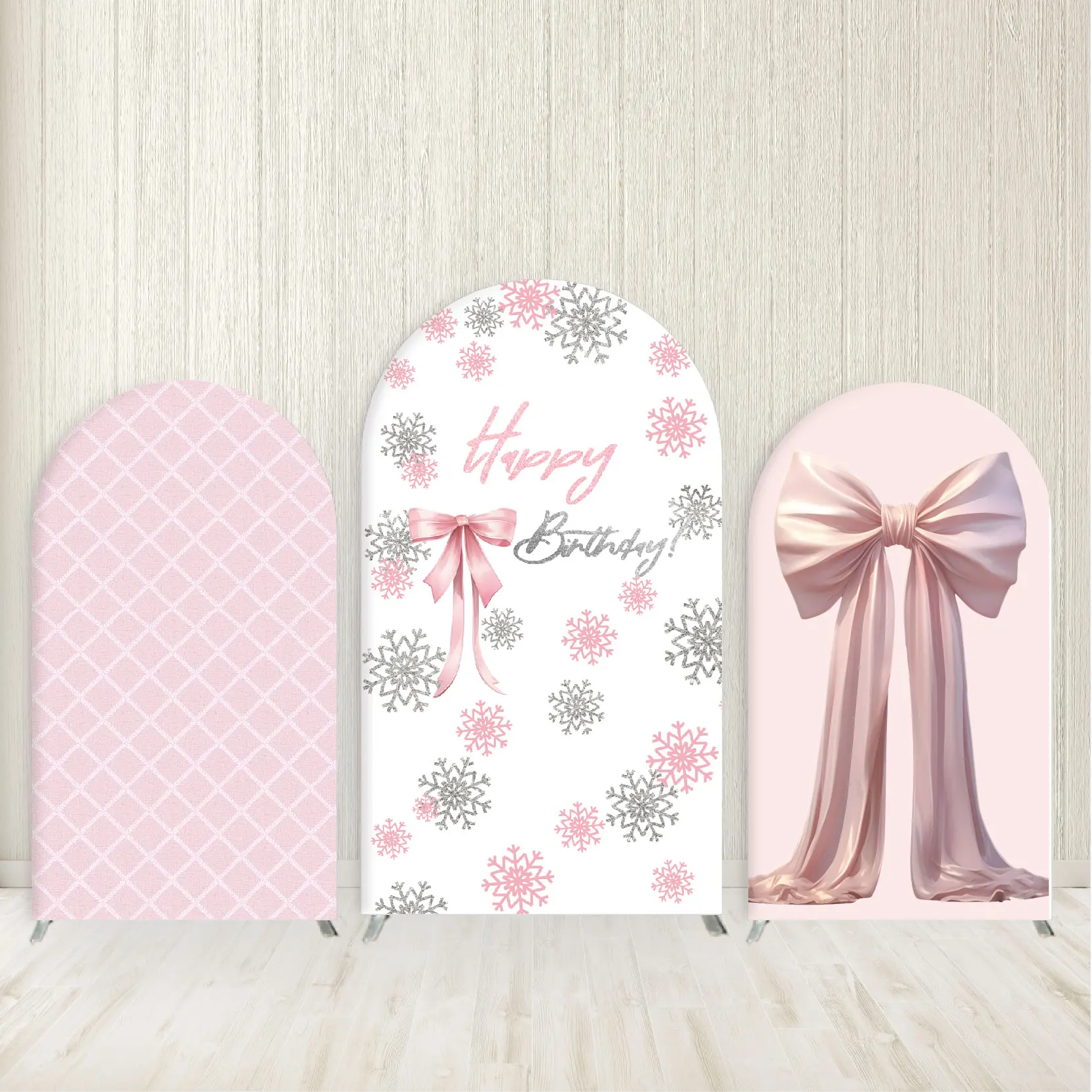 

Large Pink Bow Design Arched Wall Backdrop Cover Girl's Birthday Party Supplies Customized Text Wedding Background Decoration