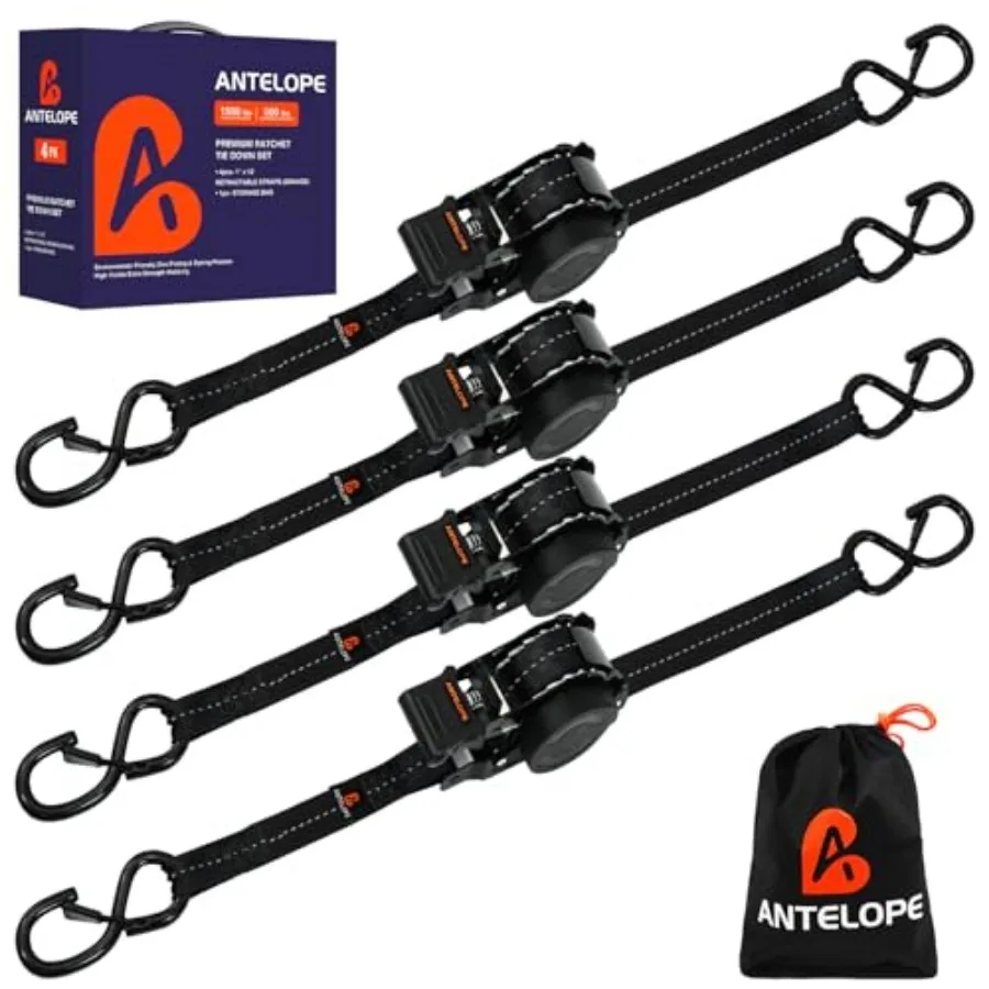 

Retractable Ratchet Straps 4 PK 1 in x 12 Feet Auto Retract Tie Down Straps, 1500lb Break Strength AutoRetract Self Retracting