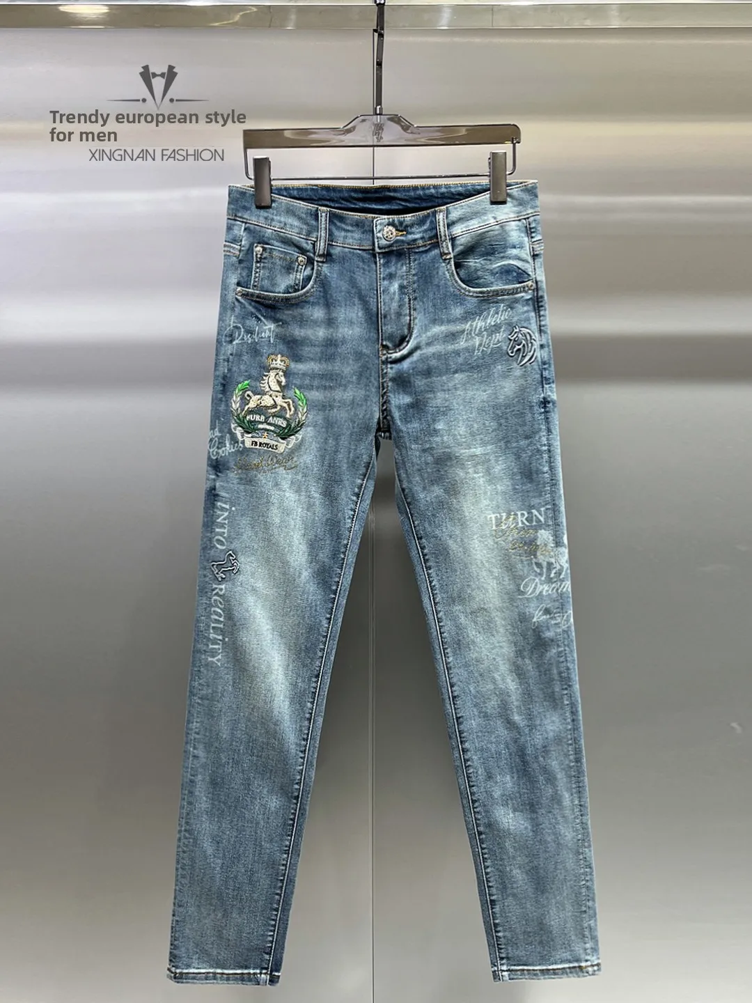 

Spring Summer Men's Embroidered Print Jeans Washed Light Blue Trendy Slim Fit Ankle-Length Pants Comfortable Breathable Cotton