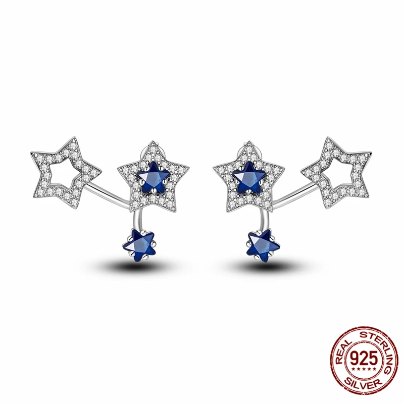 

Hot Sale 925 Sterling Silver Hoop Starlight Sapphire Pentagram Earrings for Women Pretty Wedding Holiday Jewelry Gifts