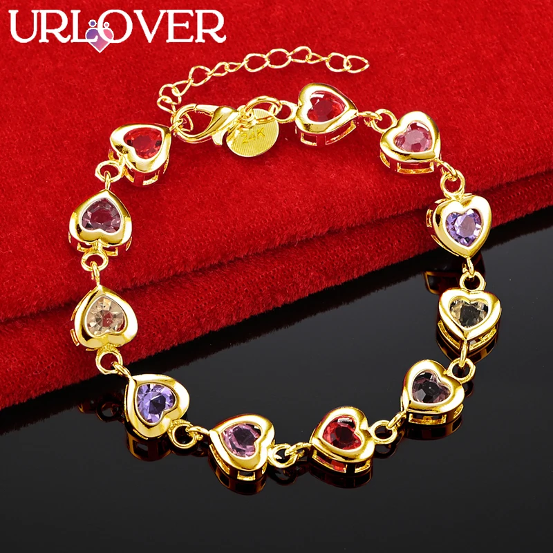 URLOVER 24K Gold Bracelet For Woman Colorful Zircon Crystal Heart Link Bracelets Lady Party Wedding Engagement Fashion Jewelry