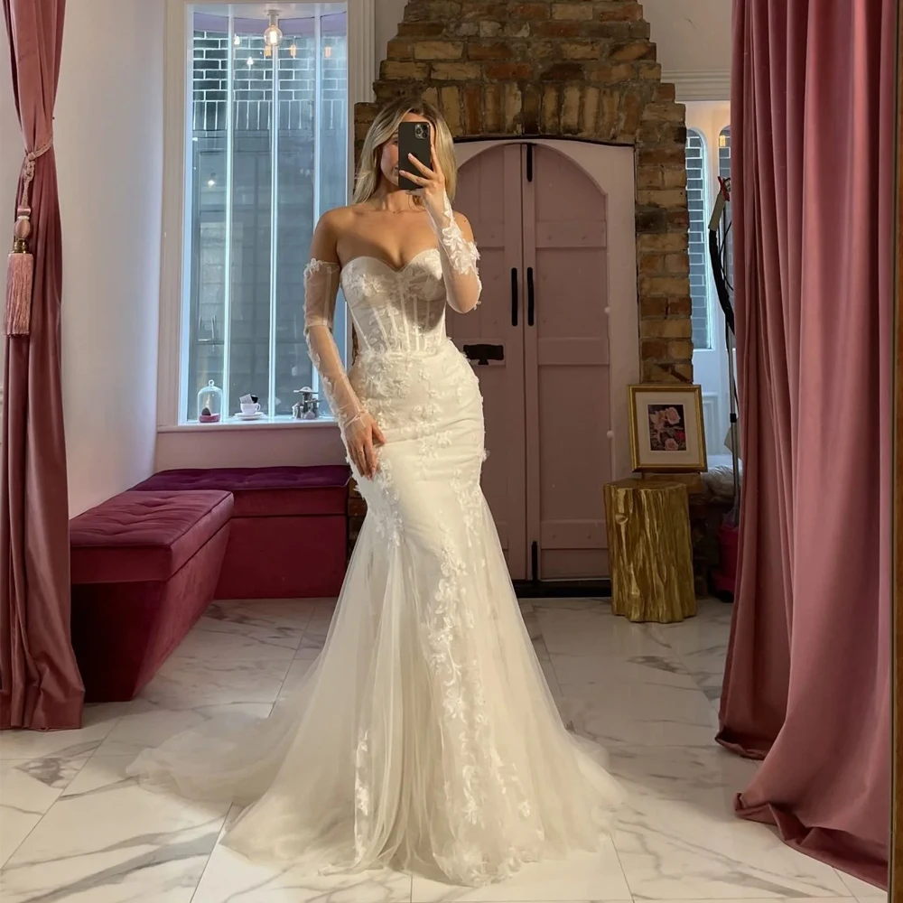 

Mermaid Lace Wedding Dresses Illussion Strapless Pearl Backless Bride Prom Gown Floor-Length Tail Bridal Gown 2025 Customized