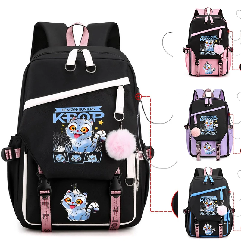 Mochila de Anime Kpop Demon Hunters Derpy Tiger, bolsa con carga USB, bolsas para ordenador portátil de gran capacidad, mochilas escolares para niños y adolescentes, regalos