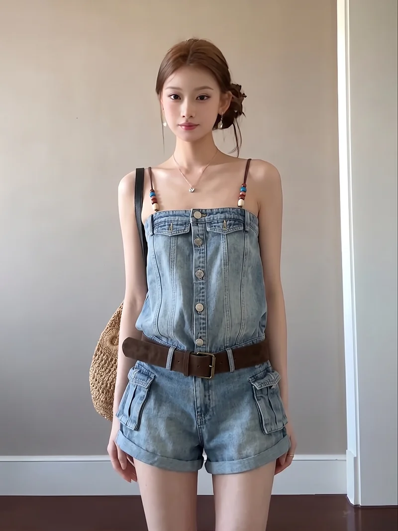 Hot Girl Denim Jumpsuit for Women Summer New Washed Worn Strapless Rompers Solid Color Single Breasted Overalls Shorts