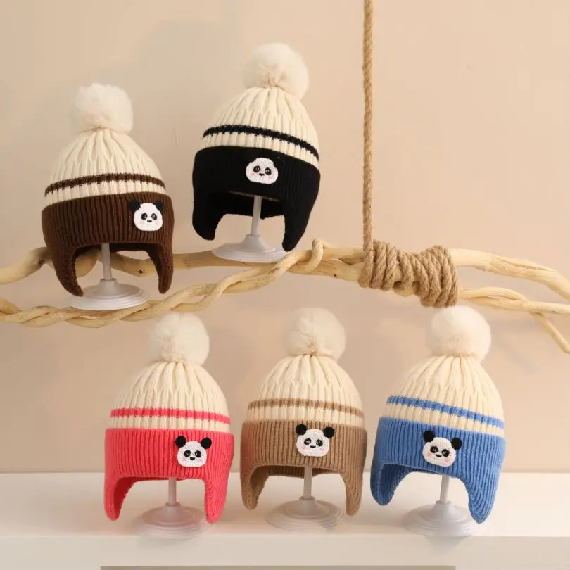 

Plush Ball Baby Knitted Ear Protection Hat Kids Cartoon Thick Velvet Liner Beanies 6-36M Toddler Winter Warm Woolen Earmuffs Cap