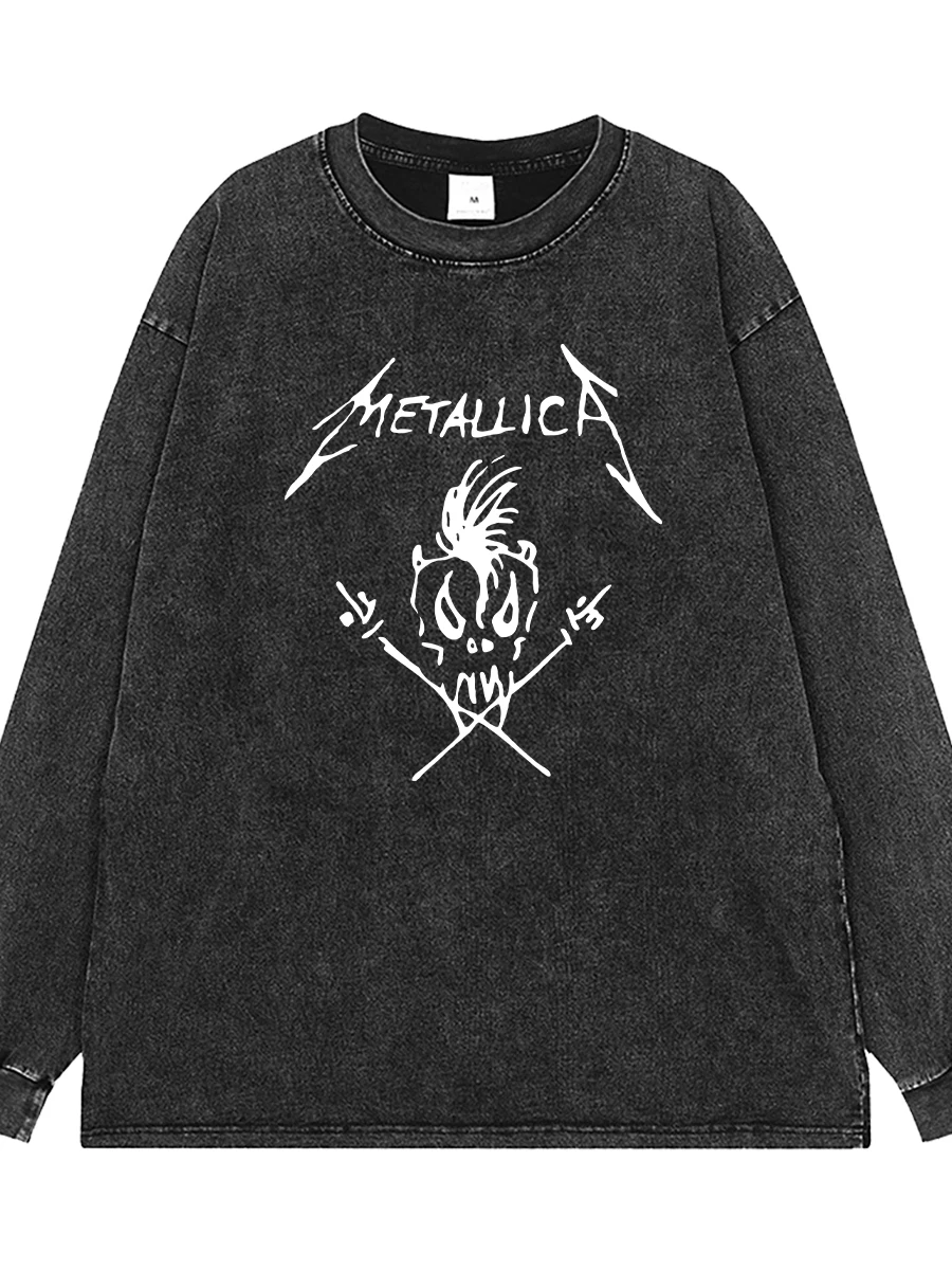 Washed Vintage Grey American Street Hip Hop Rock Shoulder Drop Loose Long Sleeve T-Shirt Youth Casual Cotton Printed T-Shirt