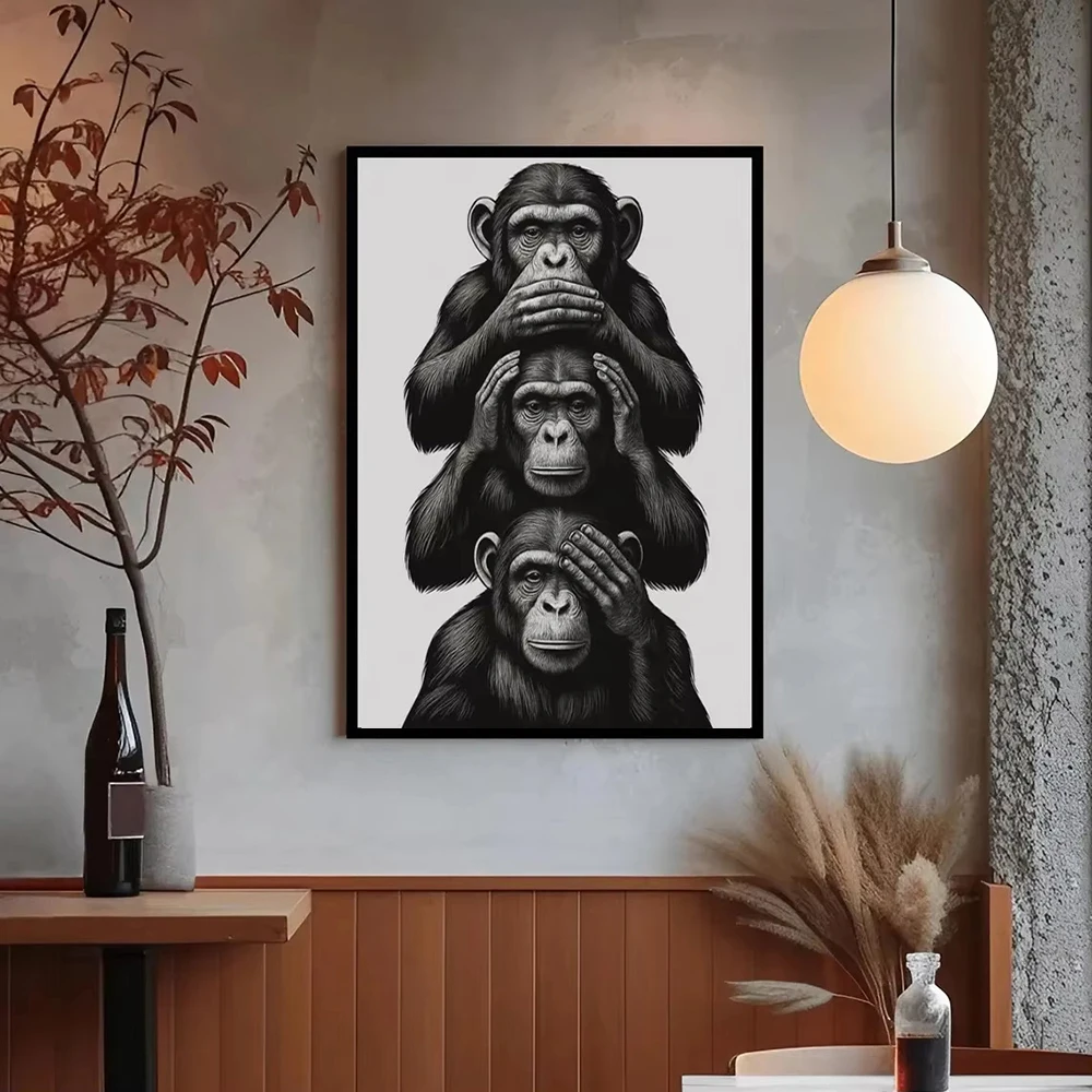 Three Wise Monkeys Canvas Paint Art See No Evil Hear No Evil Speak No Evil Black White Illustration Print Animal Decor Poster