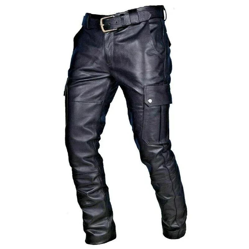 Pantalones pitillo de cuero PU Punk para hombre, pantalones ajustados de motocicleta brillantes de Color sólido de talla grande, pantalones sin cinturón, ropa