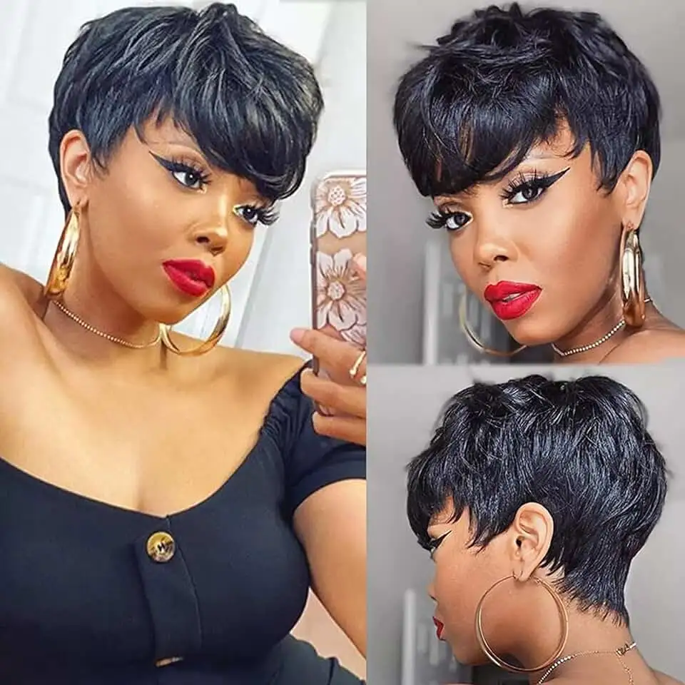 Blond 613 Kurze Pixie-Cut Echthaarperücke mit Pony für schwarze Frauen 1B # Brasilianische glatte Remy-Haarperücke, Bob-Schnitt, vollständig maschinell gefertigt – Detail 13