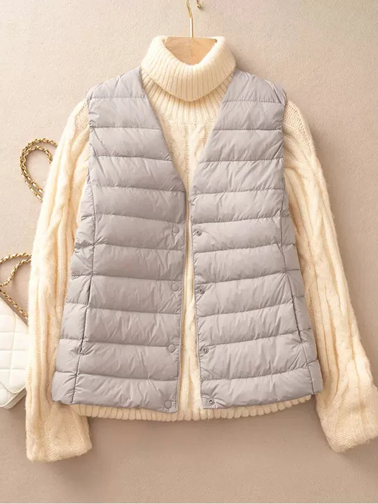 White Duck Down Thin Vest para mulheres, Parkas sem mangas, coletes ultraleves, casacos de sopro, outono e inverno, novo, feminino, 0-10 ℃, 24 °C, 2024