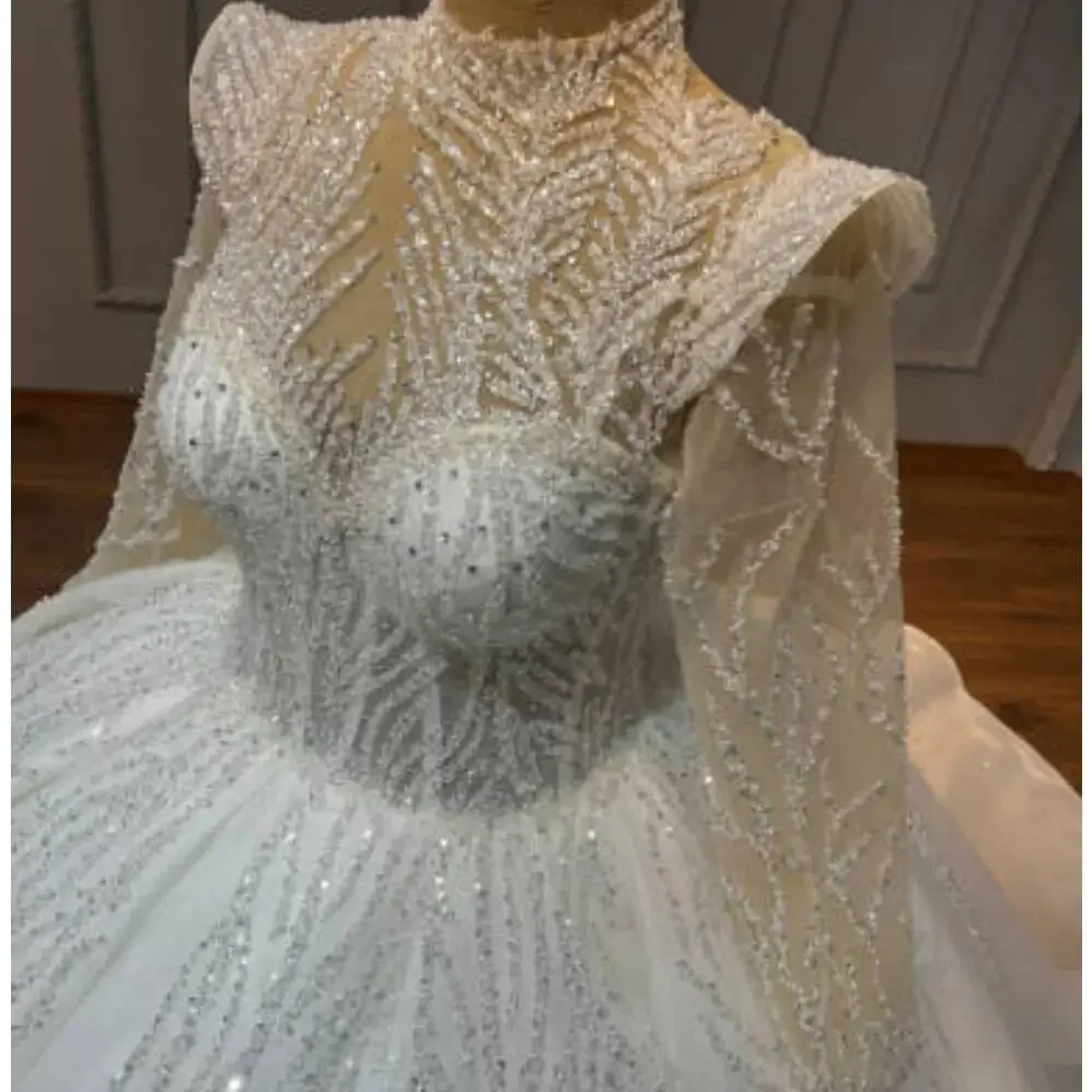 Customized  High Neck Full Shinny Sequin Beads Wedding Dress Robe De Marriage Long Sleeves Ballgown Puffy  Bridal Gown