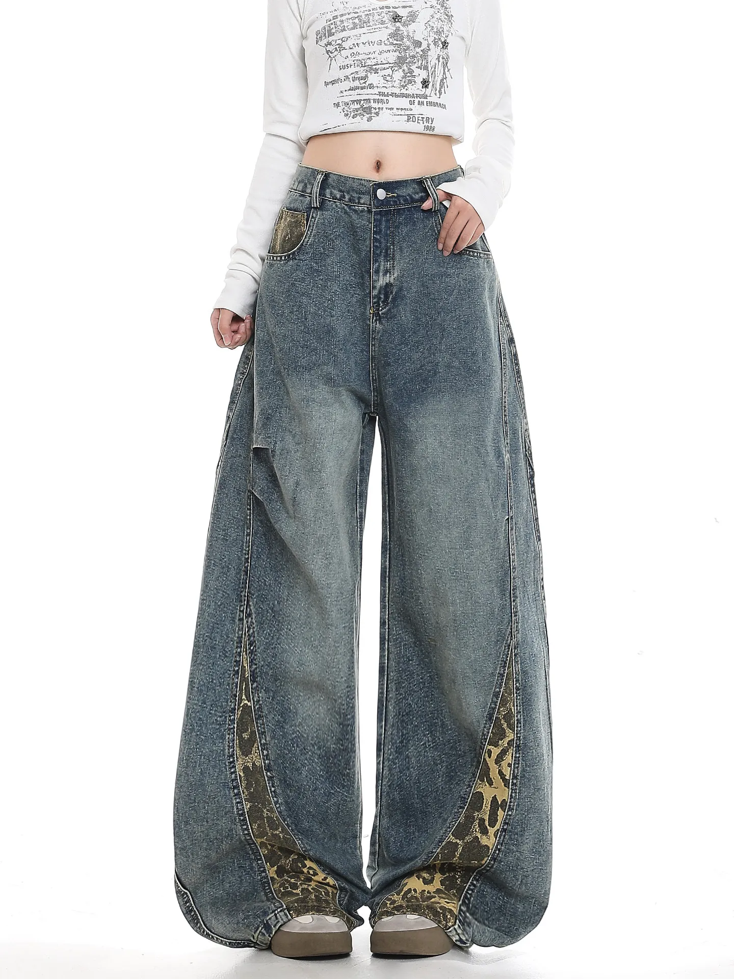 American Street Style Leopard Print Patchwork Jeans Women's Spring New Loose Slimming High Waist Straight Leg Wide Leg Pants