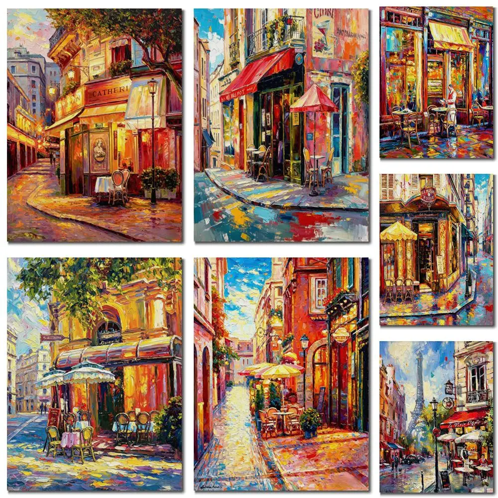 Oversize Colorful Romantic Paris Cafe Corner Canvas Print Street Cityscape Wall Art for Living Room Restaurant Hotel Cafe Decor