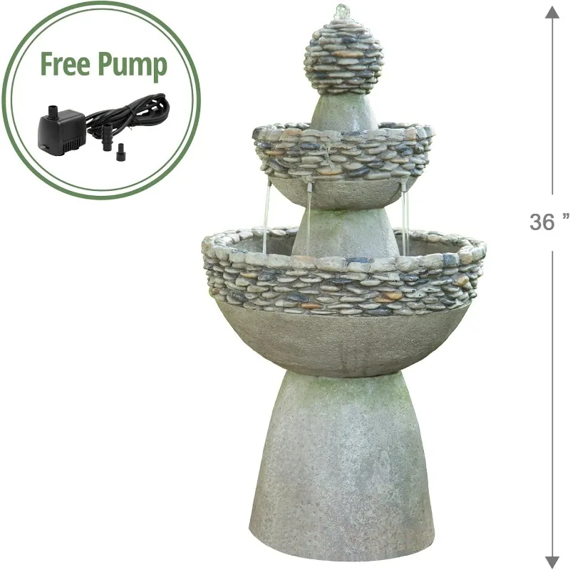 36.5 in. Outdoor 3-Tier Zen-Style Pedestal Water Fountain in. with Stone Trim with Pump and 2.64 Gallon Capacity, Stone Gray