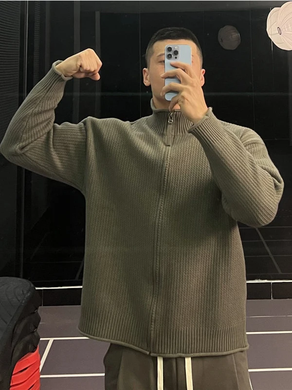 

American Retro Knitted Cardigan Zipper Sweater Jaet Fitn Top Men Spring Autumn Heavyweight Sport Outerwear Stand Collar
