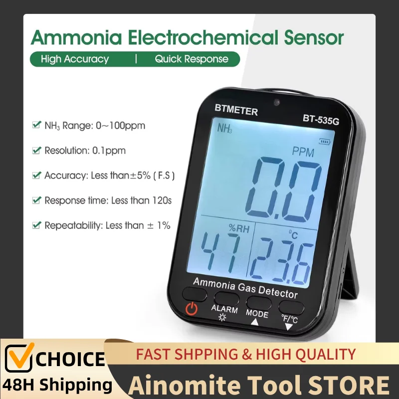 

Ammonia Gas Detector 535G, Air Quality Meter Monitor Indoor NH3 Gas 0~100 PPM, Relative Humidity and Temperature, BTMETER 535GR