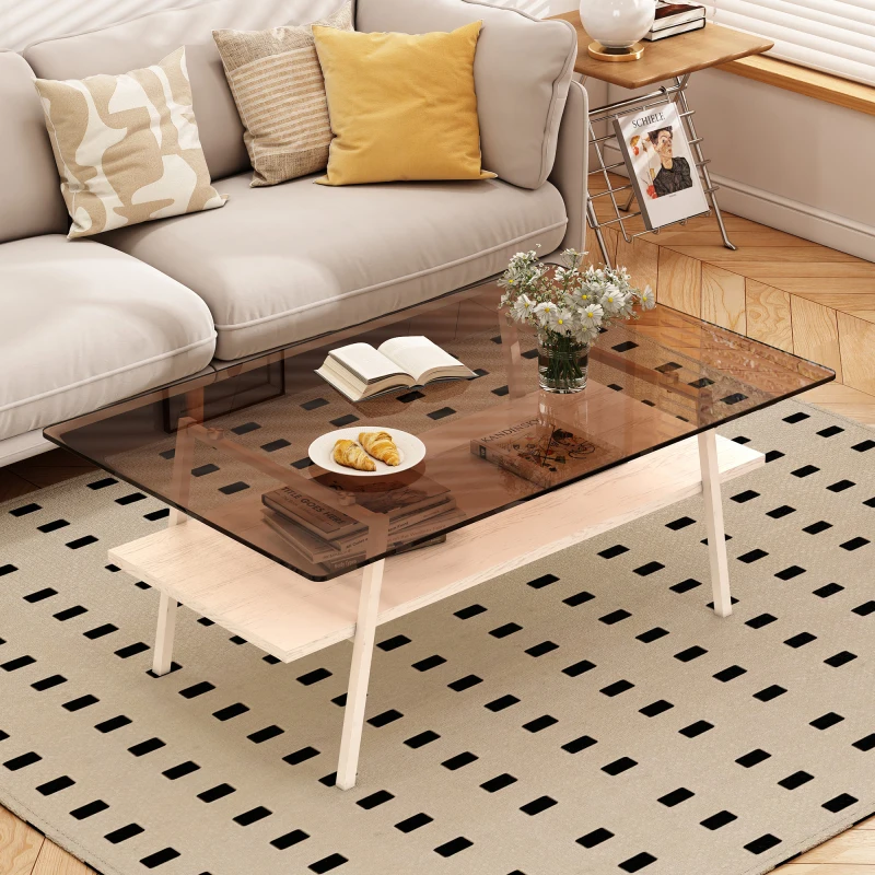 

Rectangle Coffee Table Tempered Tabletop With White Metal Legs Modern Table For Living Room Brown Glass Smooth Glass Edges