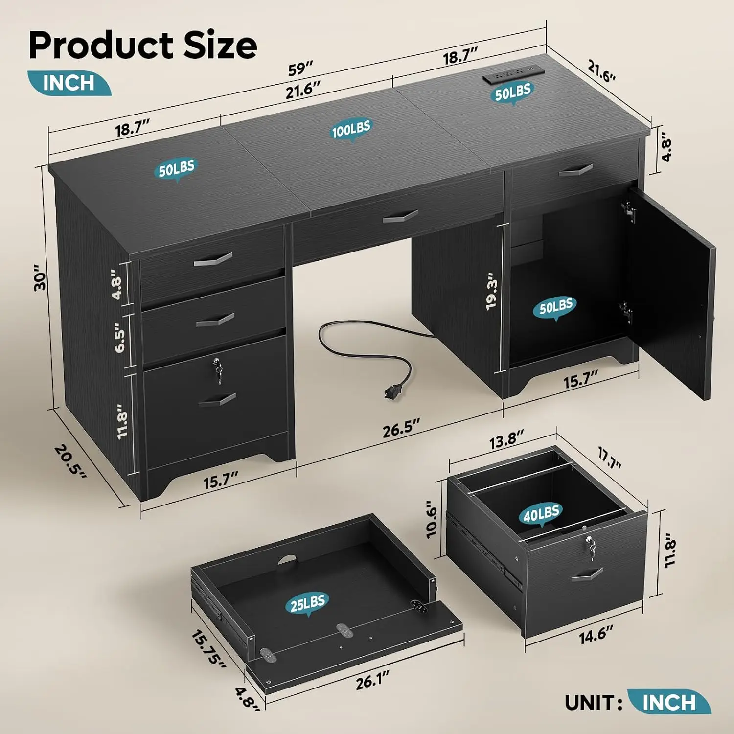 59” Office Desk with Lockable Drawers & Charging Station, Black | Modern Computer Desk with File Drawer &, Customized