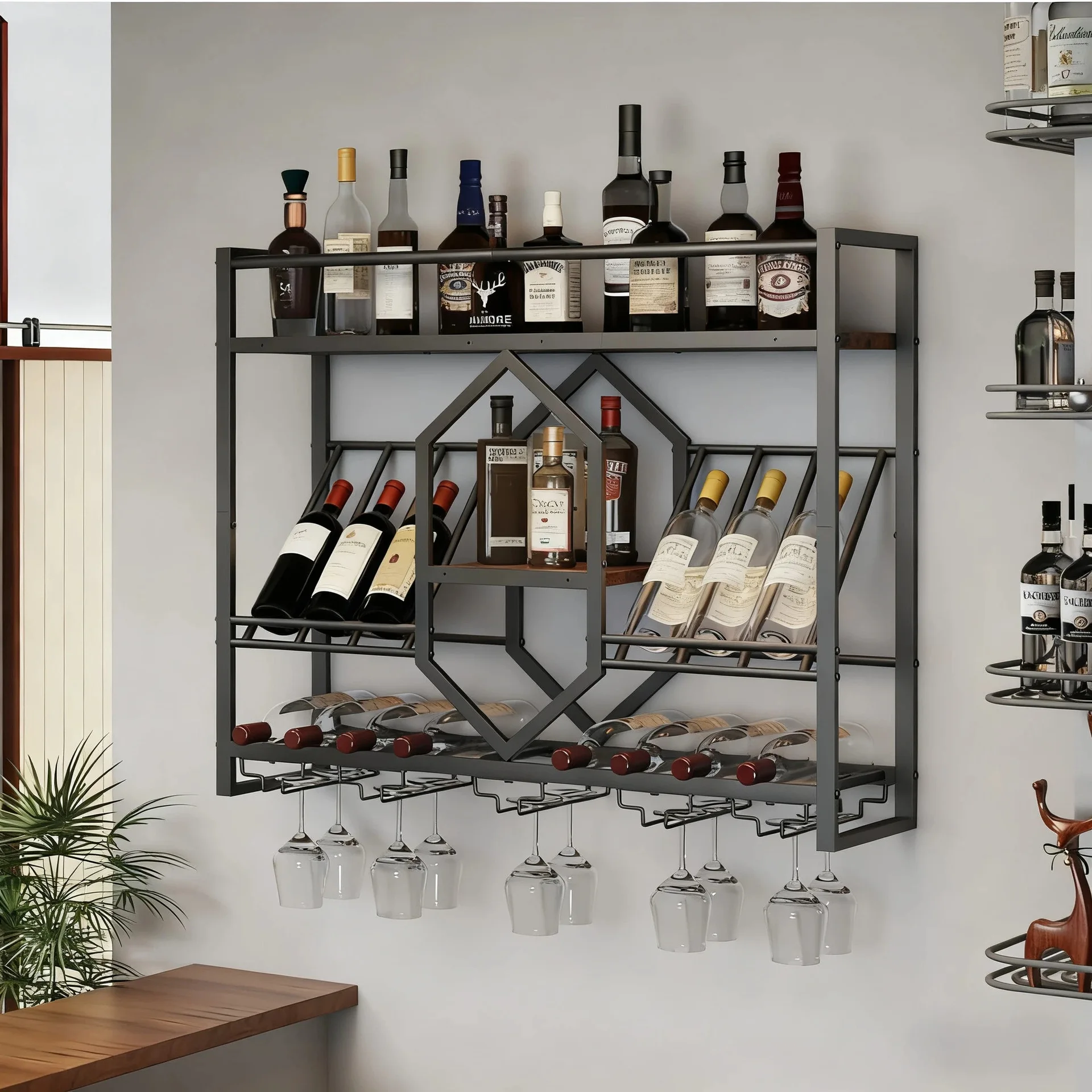 

Wrought iron bar wine rack, wall display cabinet, wine cabinet storage rack, living room restaurant, clear bar, wall-mounted