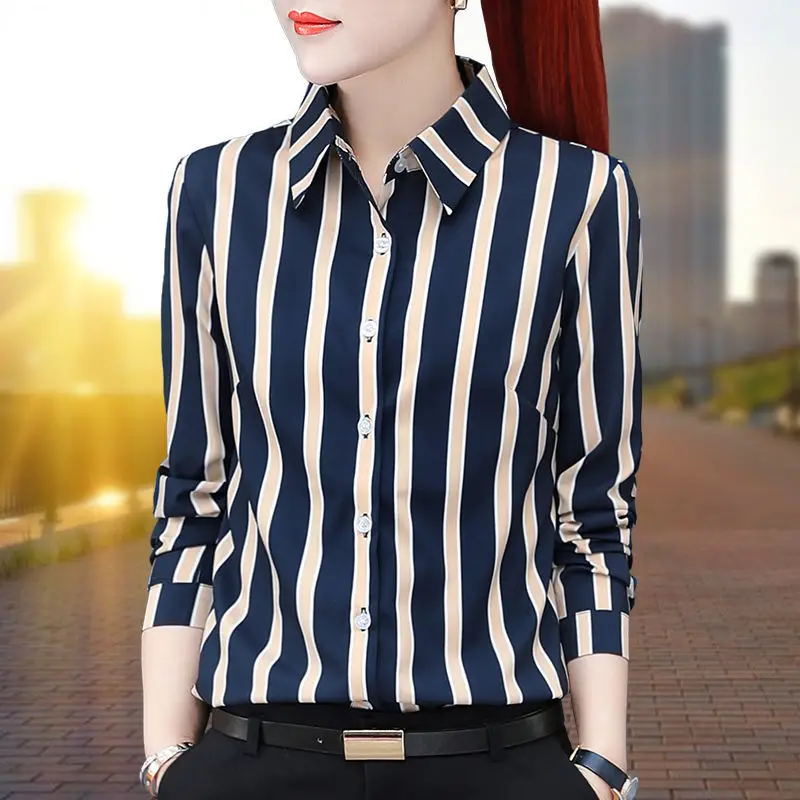 Fashion Printed Button Striped Elegant Shirts Women\'s Clothing 2023 Autumn Winter Loose All-match Tops Office Lady Blouses