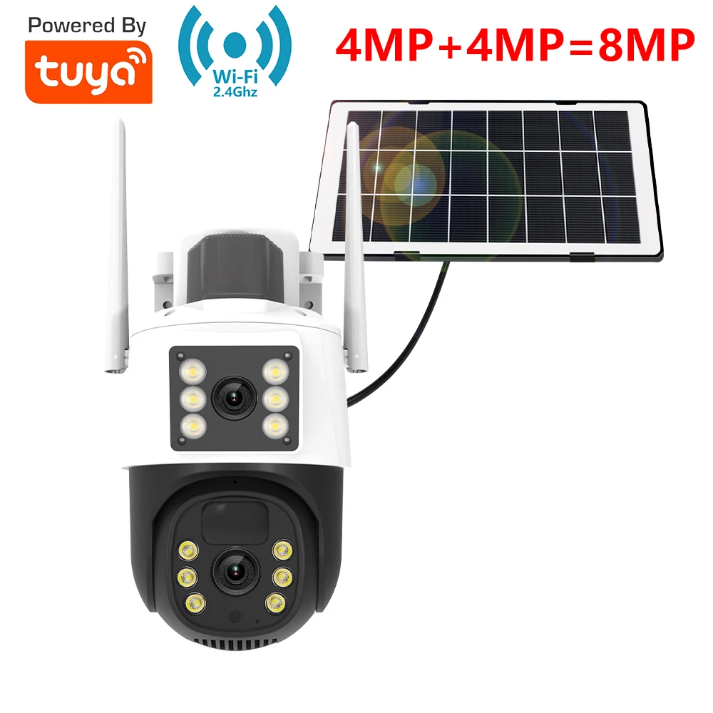 Tuya Smart 4MP+4MP 8MP Dual-Objektiv Akku Solar WLAN Dual-Bildschirm Bewegungserkennung Außen-Sicherheitsüberwachung FHD-Kamera