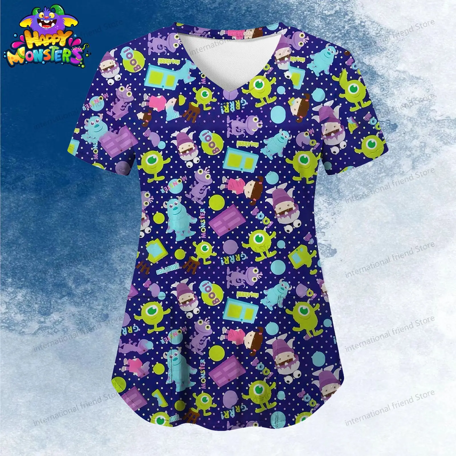 

Monsters Inc. Pocket Women's V Neck Nurse Uniform T-Shirt Y2k New Dress Youthful Woman Clothes Summer Short Sleeve Cheap Top
