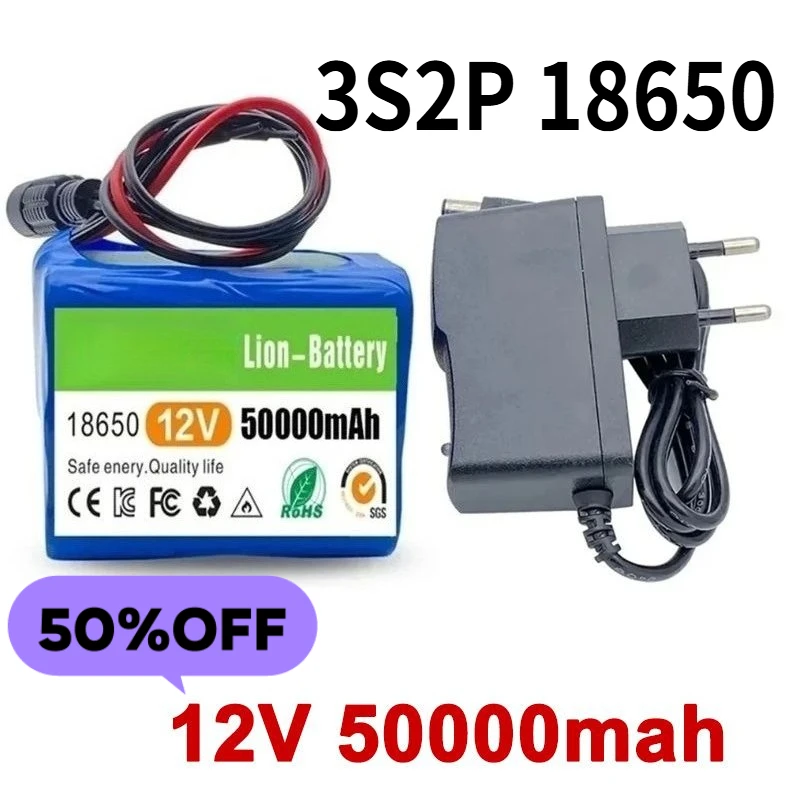 

12V 50000mah 3S2P 18650 Li-ion Rechargeable Batteries with BMS Lithium Battery Packs Protection Board +Charger