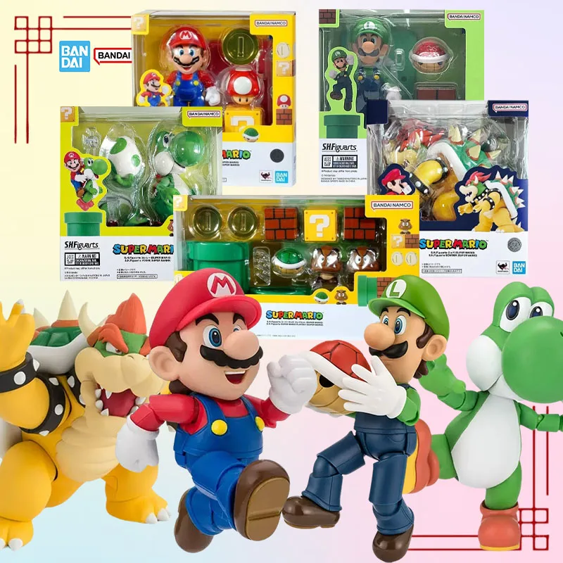 Bandai SHF Mario Luigi Yoshi Bowser Super Mario Playset Figura de Acción Original de Anime, Colección de Alta Posabilidad, Modelo Terminado