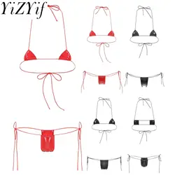 Dames Natte Look Lakleer Micro Bikini Set Tweedelig Lingerie Pak Halter Veterbh Met Laagbouw G-String Nachtclub