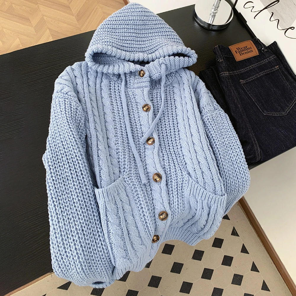 

Retro Twisted Knitted Hooded Sweater Cardigans for Women American Solid Loose Single Breasted Drawstring Knit Sweaters Outerwear
