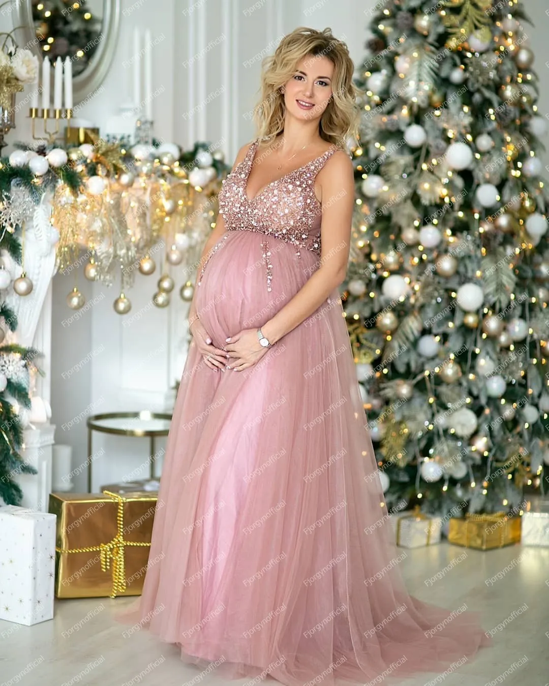 Charming Beaded Tulle Pregnancy Dresses V Neck Sleeveless Long   Photo Shoot Baby Showers Party Evening Gowns Maternity Dress