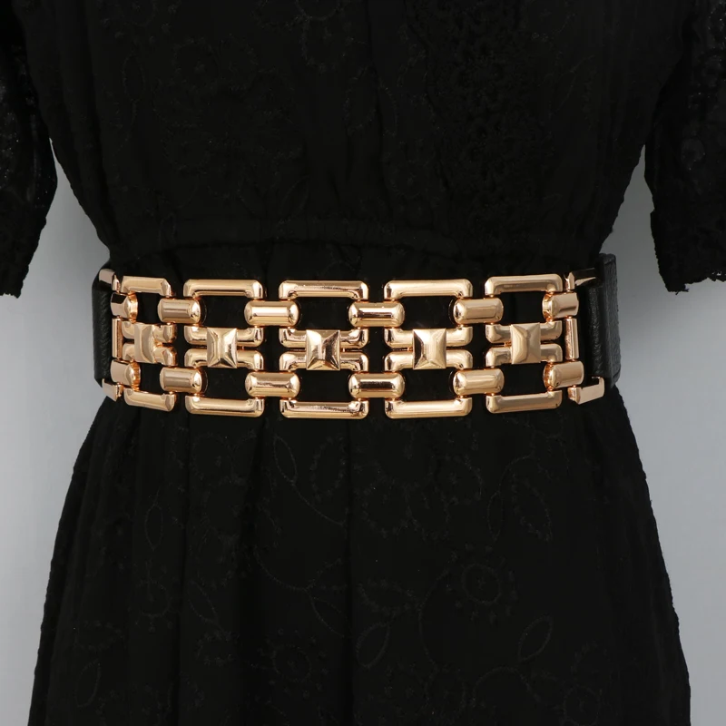 

Women's Runway Fashion Gold Buckle PU Leaher Elastic Cummerbunds Female Dress Corsets Waistband Belts Decoration Wide Belt R1415