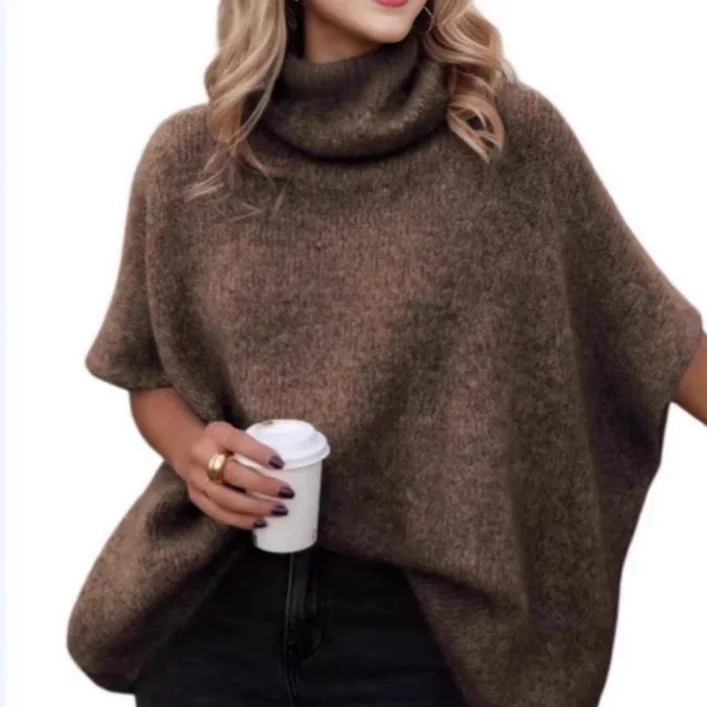 

2025 Autumn and Winter Turtleneck Shawl Cape Sweater Solid Color Turtleneck Knitted Sweater Female